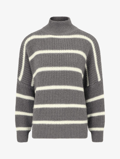 Pull duveteux rayé et col montant - Gris foncé - 1