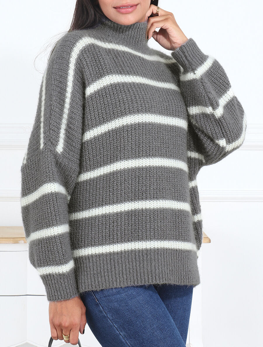 Pull duveteux rayé et col montant - Gris foncé - 4