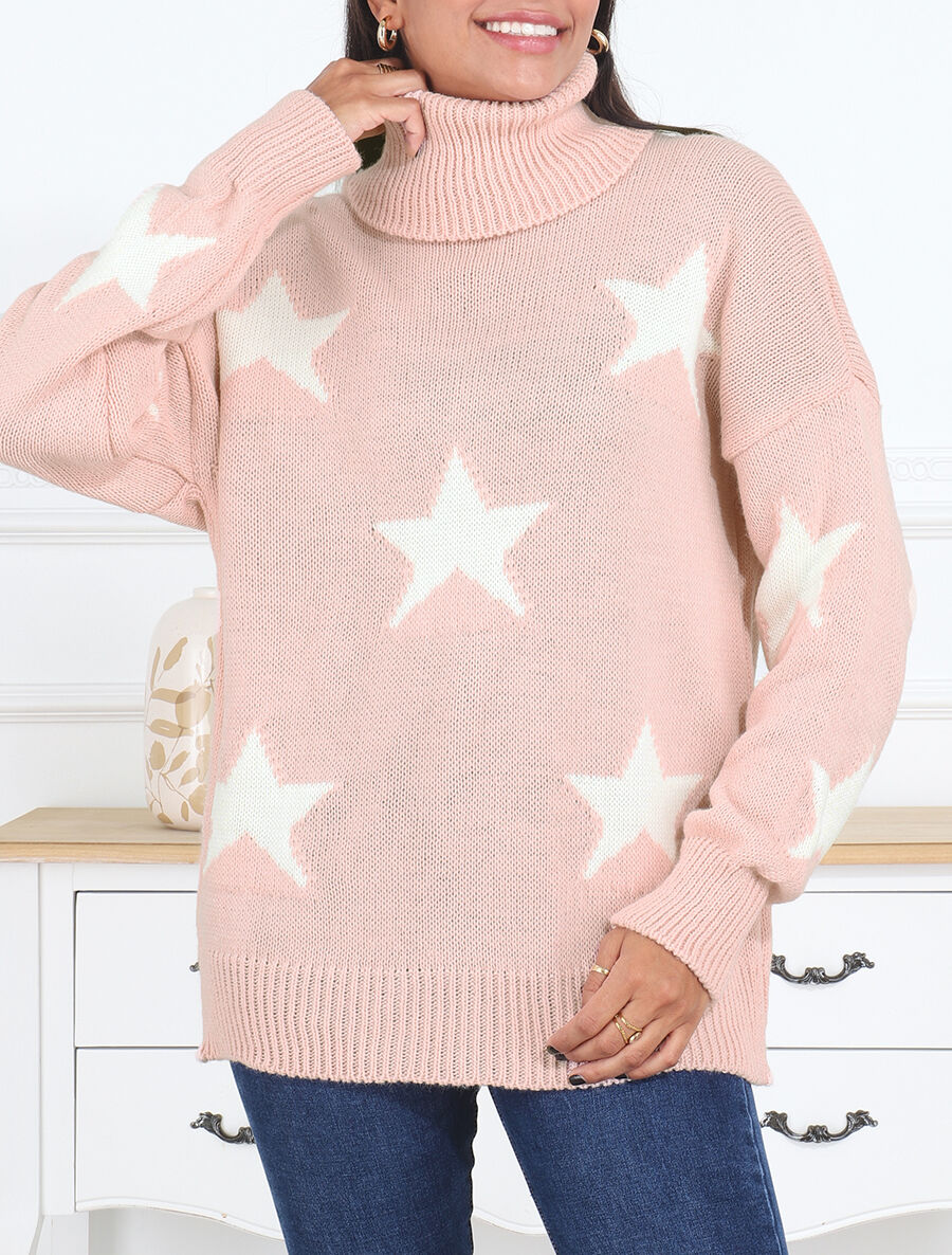 Pull col roulé à motif étoiles - Rose - 4