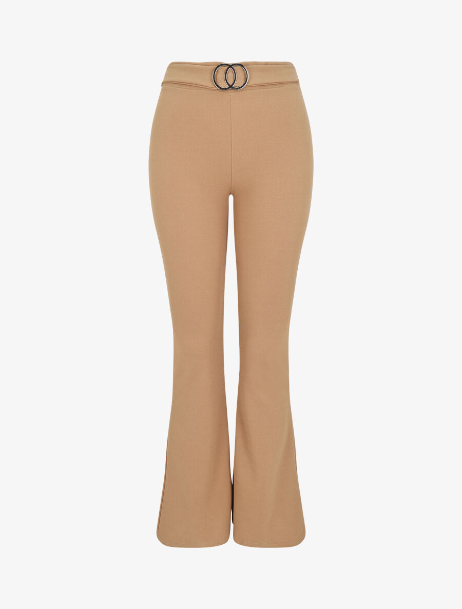 Pantalon flare extra long à boucle métallique - Camel - 1