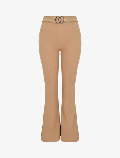 Pantalon flare extra long à boucle métallique - Camel - 1