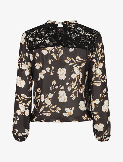 Blouse manches longues à dentelle et imprimé floral - Noir - 2