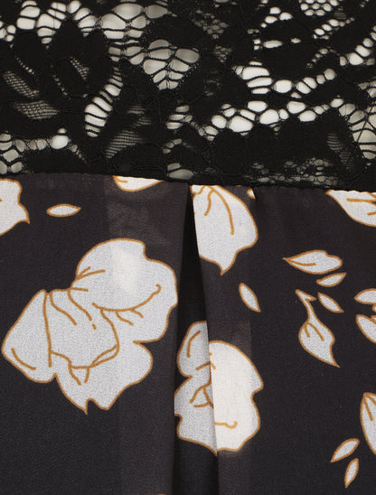 Blouse manches longues à dentelle et imprimé floral - Noir - 3