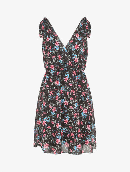 Robe courte fleurie sans manches col cache-coeur - Noir - 4