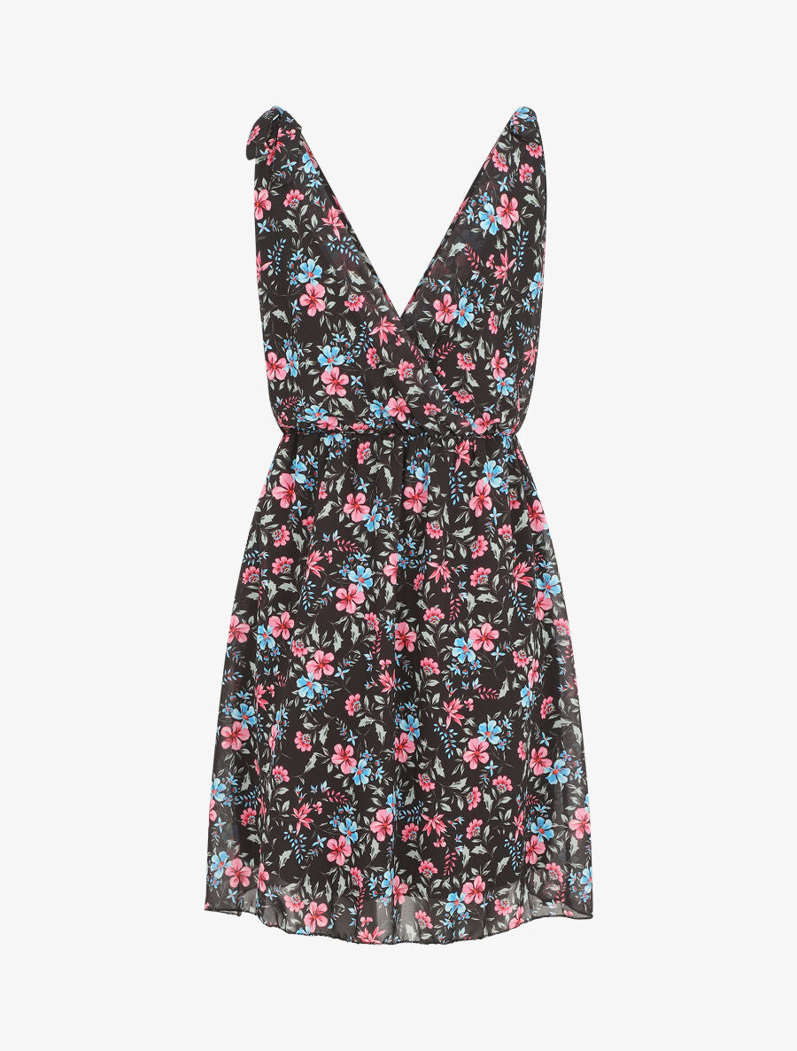Robe courte fleurie sans manches col cache-coeur - Noir - 2