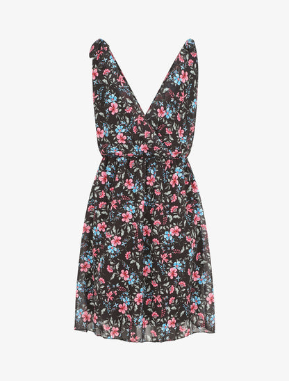 Robe courte fleurie sans manches col cache-coeur - Noir - 2