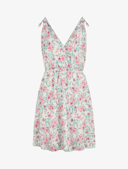 Robe courte fleurie sans manches col cache-coeur - Blanc - 1