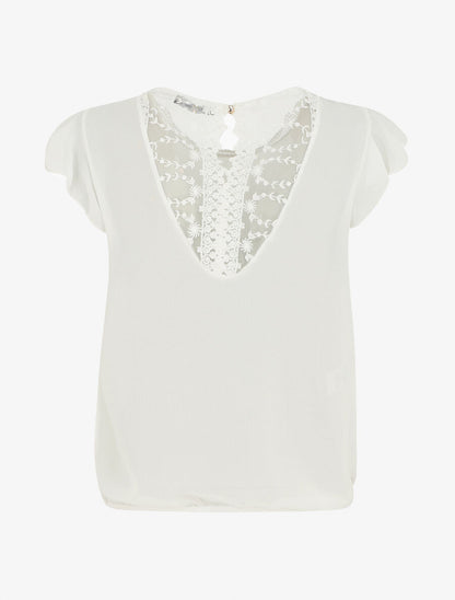 Top uni à mancherons et dos en dentelle - Blanc - 2