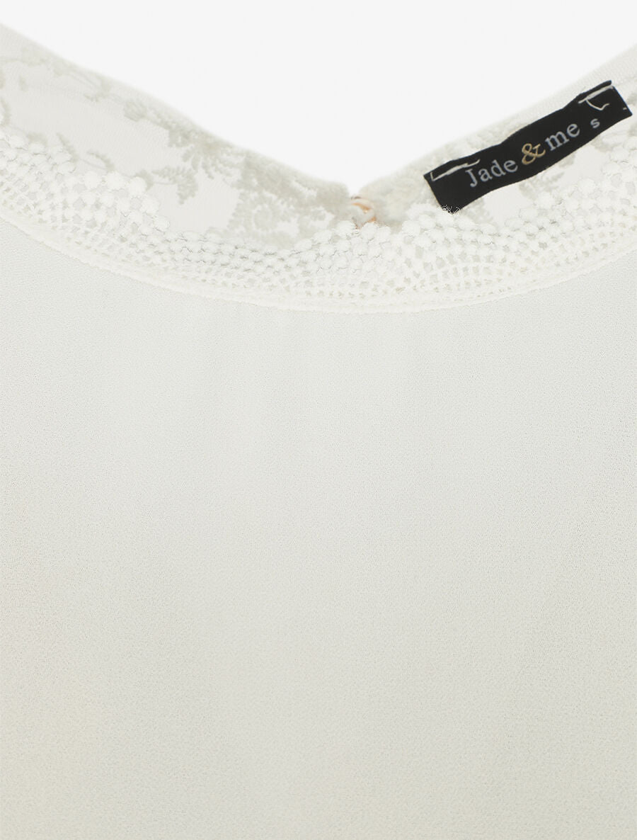 Top uni à mancherons et dos en dentelle - Blanc - 3