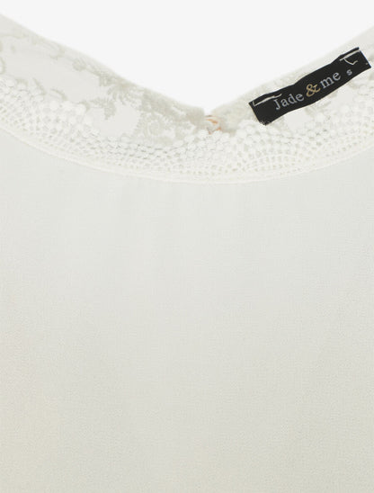 Top uni à mancherons et dos en dentelle - Blanc - 3
