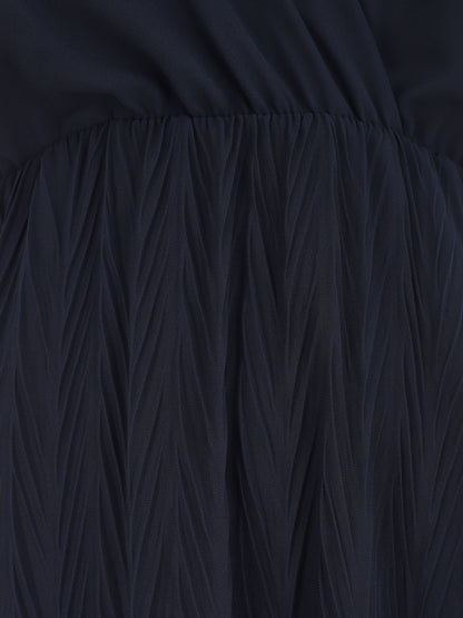 Robe longue unie plissée col cache-coeur - Marine - 3
