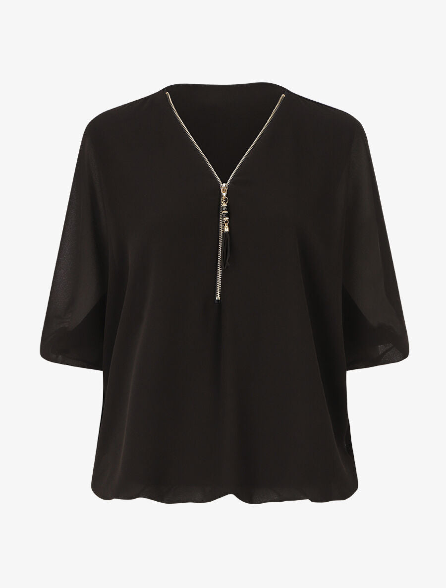 Blouse unie en voile - Noir - 1