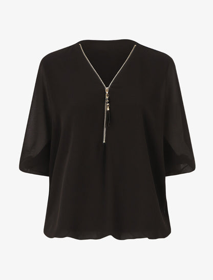 Blouse unie en voile - Noir - 1