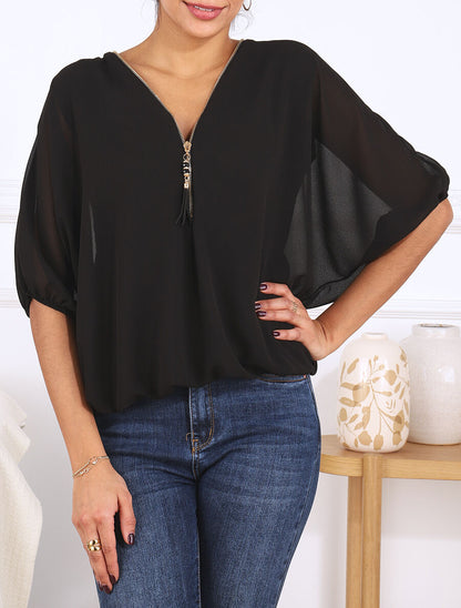 Blouse unie en voile - Noir - 4