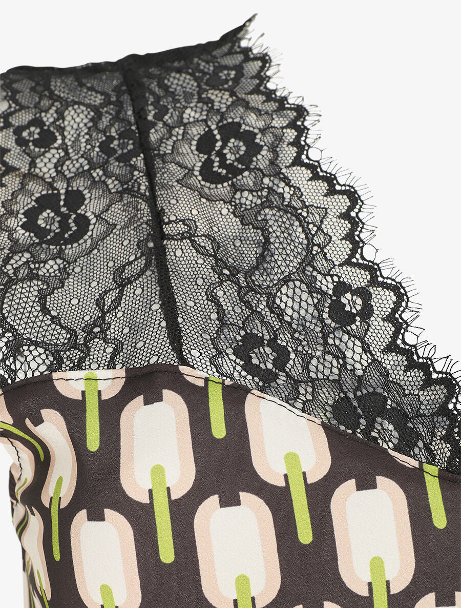 Top satiné à imprimé retro et dentelle - Noir - 3