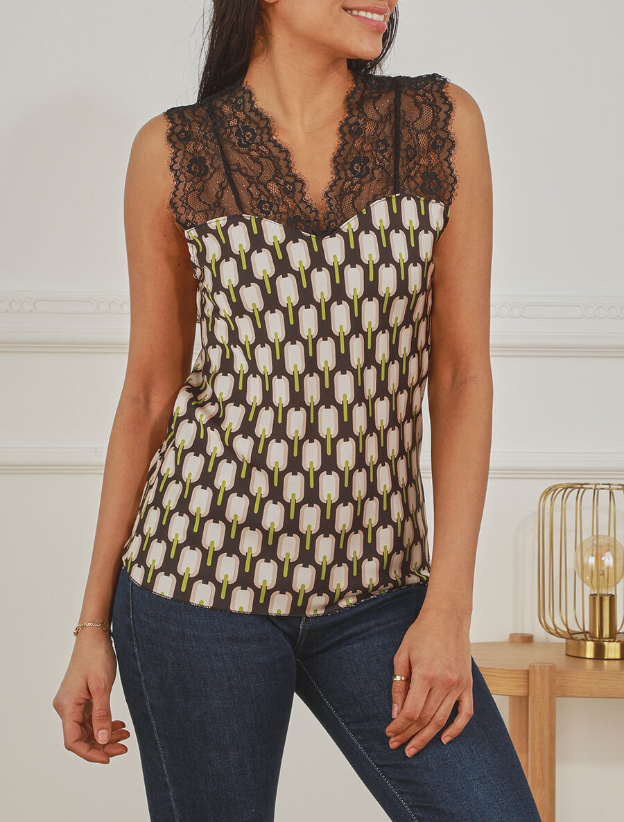 Top satiné à imprimé retro et dentelle - Noir - 4