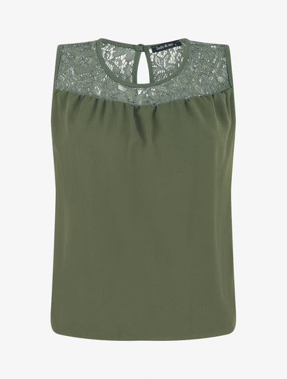 Top sans manches col en dentelle - Kaki - 1