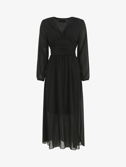 Robe longue élastiquée à col cache-coeur - Noir - 1