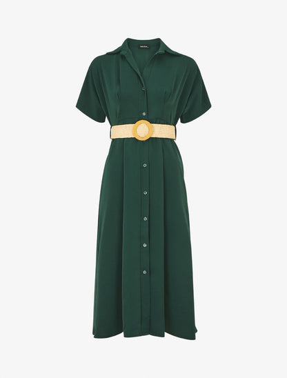 Robe chemise longue unie manches courtes - Vert foncé - 1