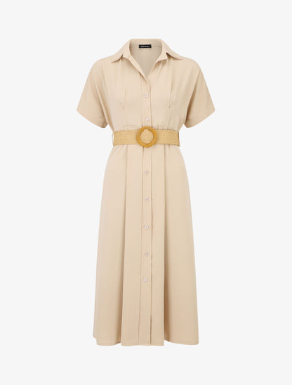 Robe chemise longue unie manches courtes - Beige - 1