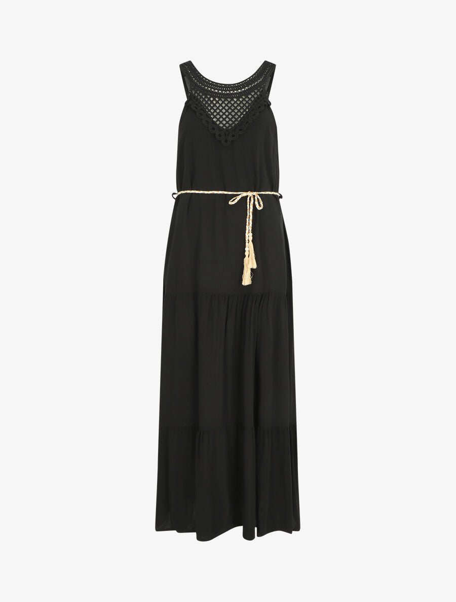 Robe longue bohème sans manches col en crochet - Noir - 4
