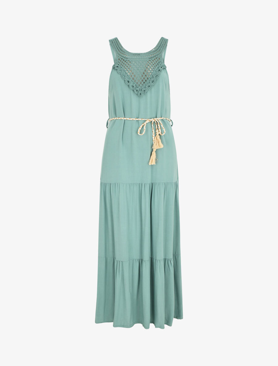 Robe longue bohème sans manches col en crochet - Vert d&