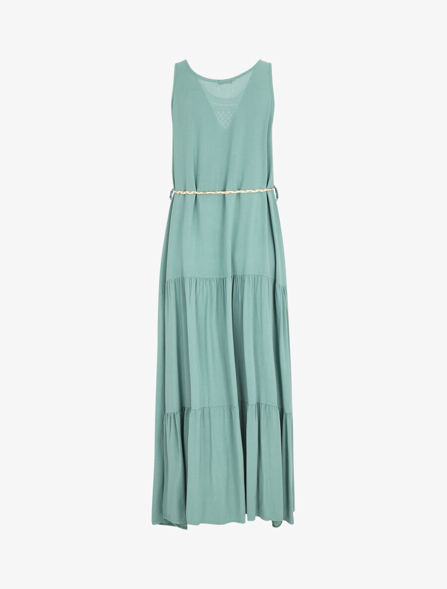 Robe longue bohème sans manches col en crochet - Vert d&