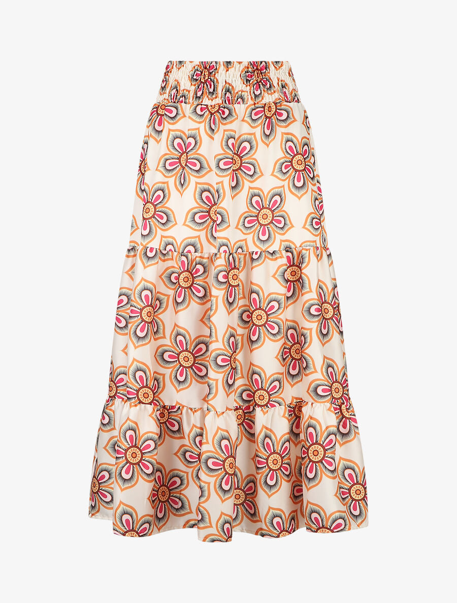 Jupe élastiquée à imprimé fleuri - Beige - 1