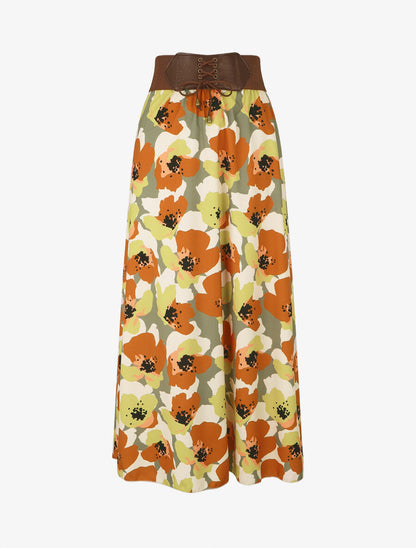 Jupe longue à imprimé fleurs abstraites - Kaki - 1