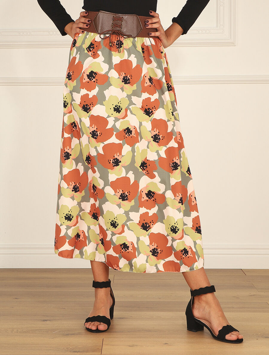 Jupe longue à imprimé fleurs abstraites - Kaki - 4