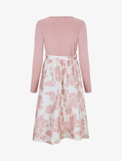Robe mi-longue bi-matière imprimé grandes fleurs - Rose - 2