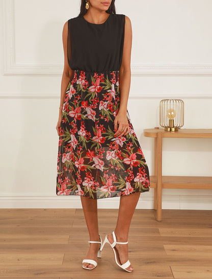 Robe longue sans manches en voile imprimé orchidées - Noir - 4