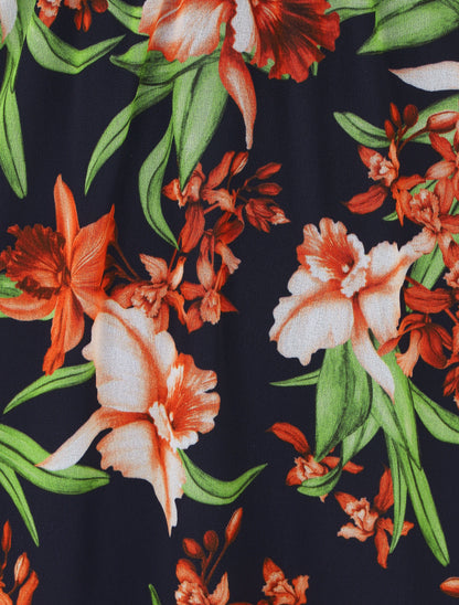 Robe longue sans manches en voile imprimé orchidées - Marine - 3