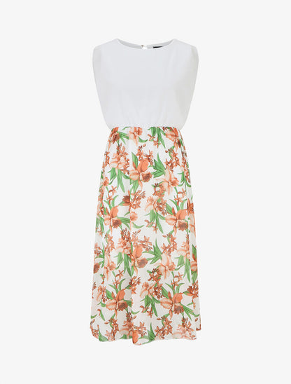 Robe longue sans manches en voile imprimé orchidées - Blanc - 1