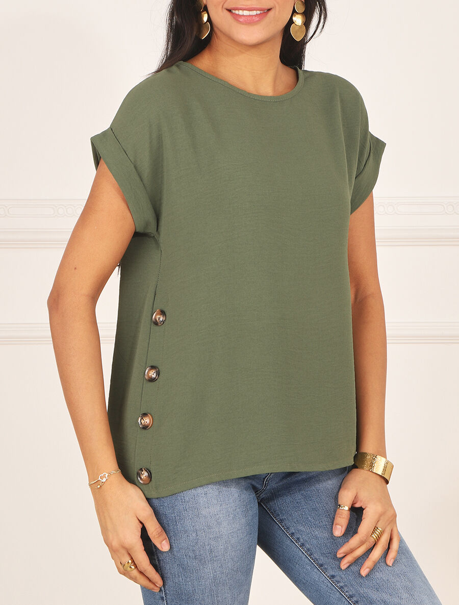 Top fluide uni boutonné à manches courtes - Kaki - 4