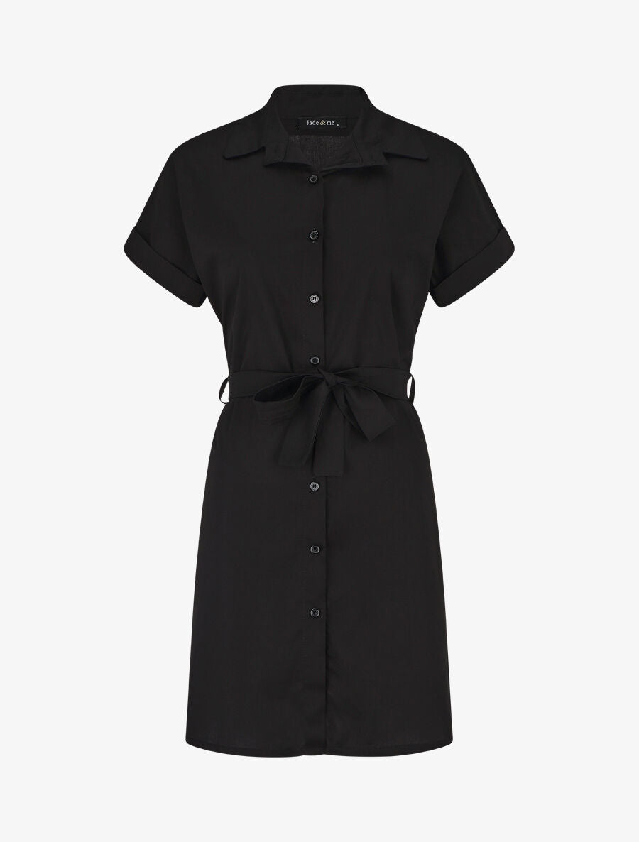 Robe chemise courte unie manches courtes - Noir - 1