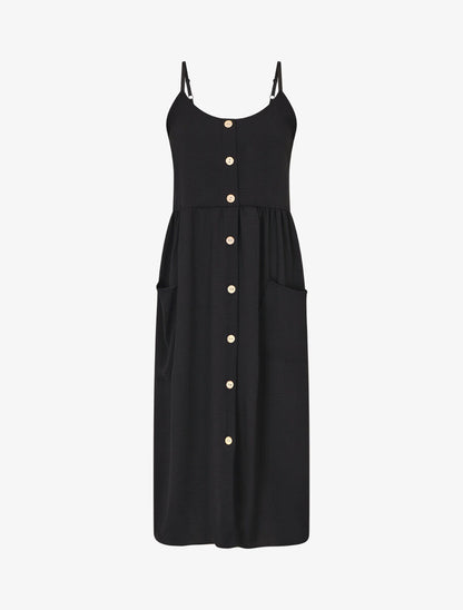 Robe longue boutonnée unie à fines bretelles - Noir - 1