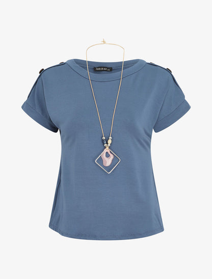T-shirt uni manches courtes à boutons - Bleu - 1