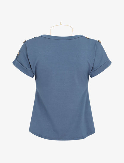 T-shirt uni manches courtes à boutons - Bleu - 2