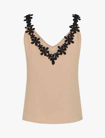 Débardeur droit à bretelles en dentelle - Beige - 2