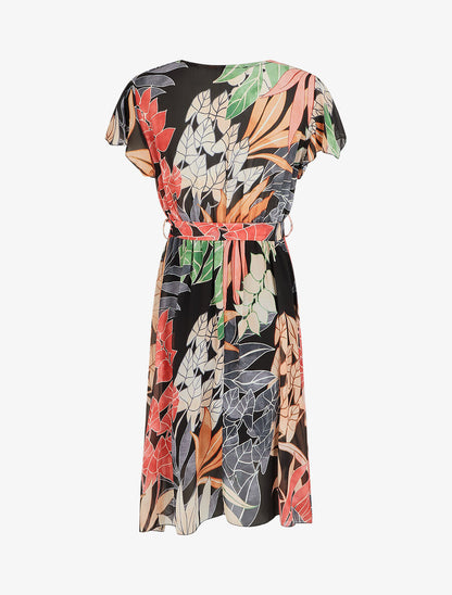 Robe en voile élastiquée à imprimé feuilles - Noir - 2