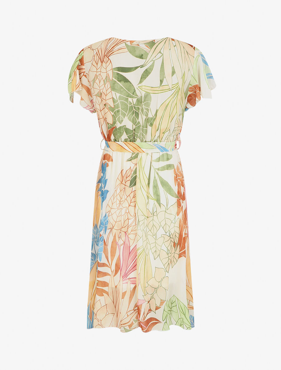 Robe en voile élastiquée à imprimé feuilles - Crème - 2