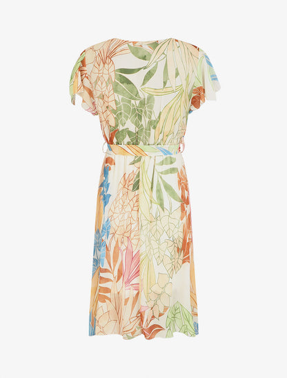 Robe en voile élastiquée à imprimé feuilles - Crème - 2