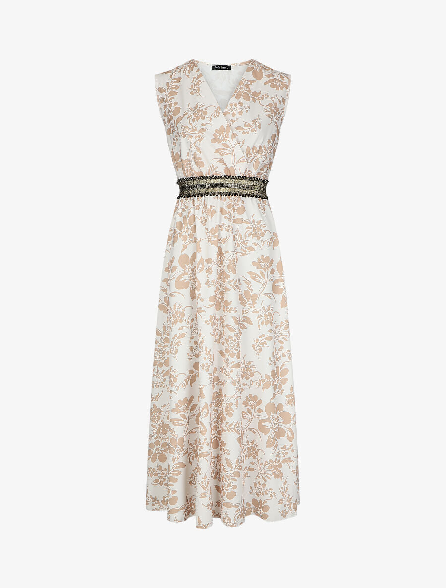 Robe longue imprimé fleuri à taille élastiquée irisée - Beige - 1