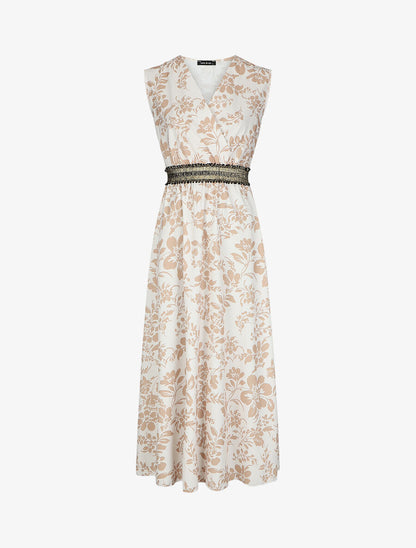 Robe longue imprimé fleuri à taille élastiquée irisée - Beige - 1