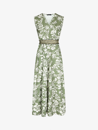 Robe longue imprimé fleuri à taille élastiquée irisée - Kaki - 1