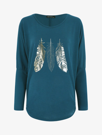 Pull ample à imprimé plumes irisées - Bleu canard - 1
