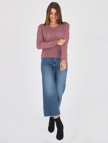 Pull droit col V uni - Vieux rose - 6