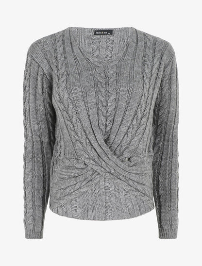 Pull droit torsadé en maille tressée - Gris - 1