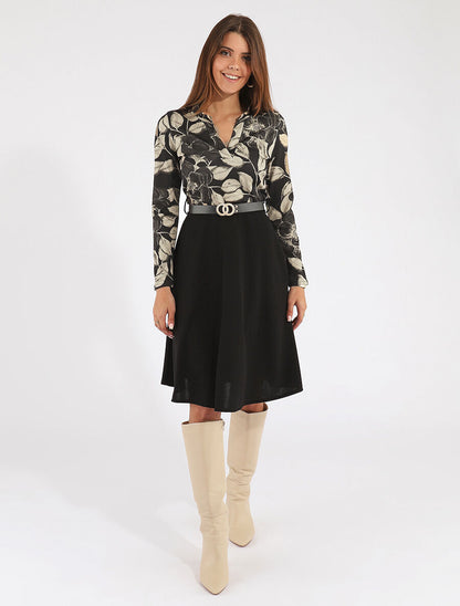 Robe bicolore imprimé feuillage - Beige - 4